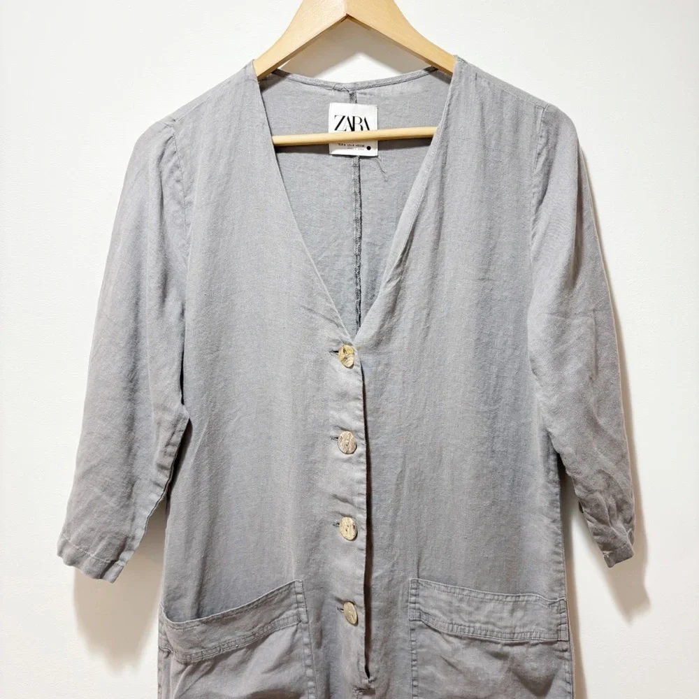 Zara The Lillian Jumpsuit Linen Size Small Gray Front Pockets V Neck Boiler Suit